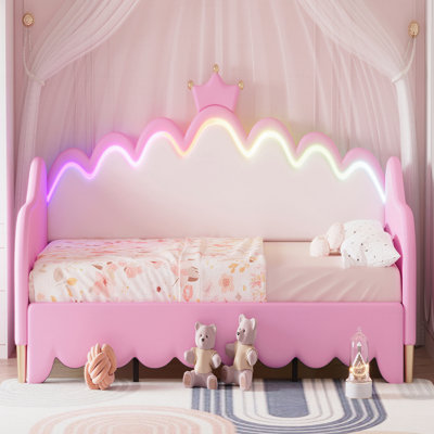 Extending Twin Daybed with LED Lights – Upholstered Princess Daybed with Crown Headboard