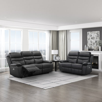 Hyler Modern & Contemporary Power Reclining: 2-Piece Living Room Set with Top Grain Leather Seating Surfaces, One-Touch Power Reclining & Integrated U by Latitude Run