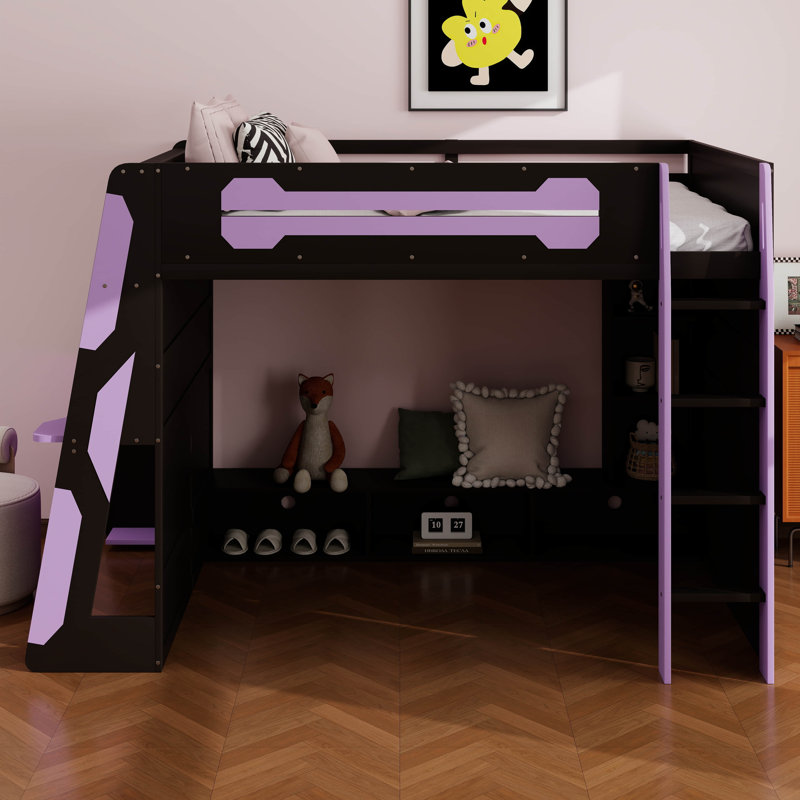 Lit mezzanine en bois avec bureau, tablettes multiples, lumière et station de charge, aucun sommier nécessaire, Lit double