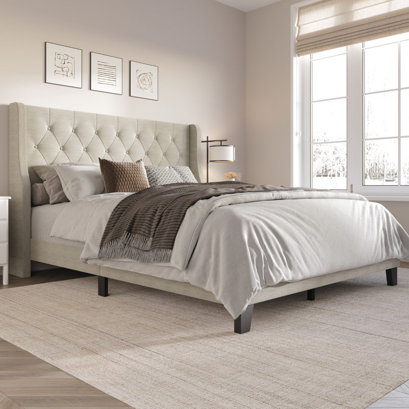 Araylia Upholstered Wingback Bed, Queen, Warm Gray