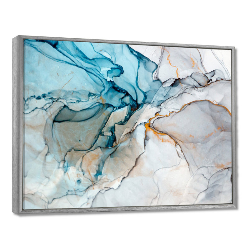 Luxry Blue and Grey Marble Art Ripples - impression sur toile, H 30 po x l 40 po, Reproduction avec cadre flottant