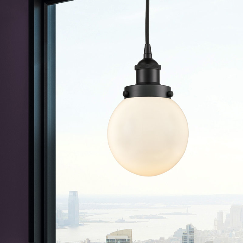 Luminaire suspendu simple à 1 lumière Frederick, H 9,5 po x l 6 po x P 6 po, Blanc, Noir mat