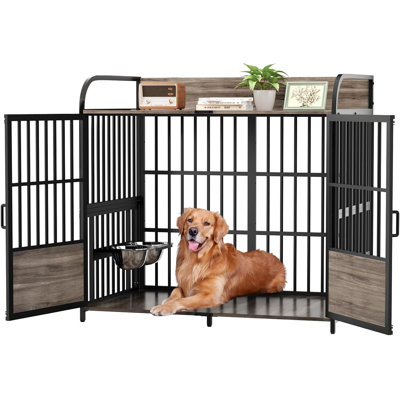 48" Large Dog Crate, Dog Kennel Furniture Indoor with 2 Adjustable Bowls, Heavy Duty Dog Cage, XL Dog Crate Furniture for Medium and Large Dogs, Grey