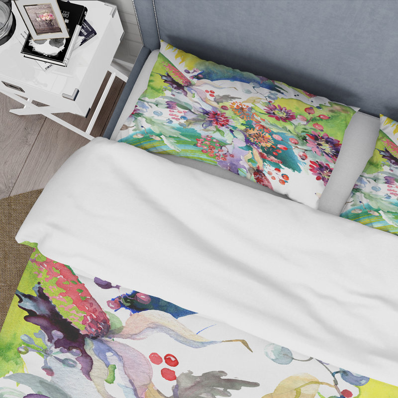 Vibrant Wild Spring Leaves and Wildflowers X - Modern Duvet Cover Set - Microfiber Polyester
