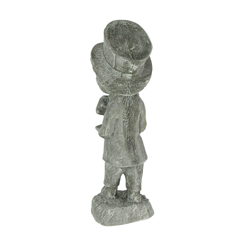 Statue de jardin fantaisiste en ciment représentant le Chapelier fou d'Alice au pays des merveilles, gris pâle, 49 cm de hauteur