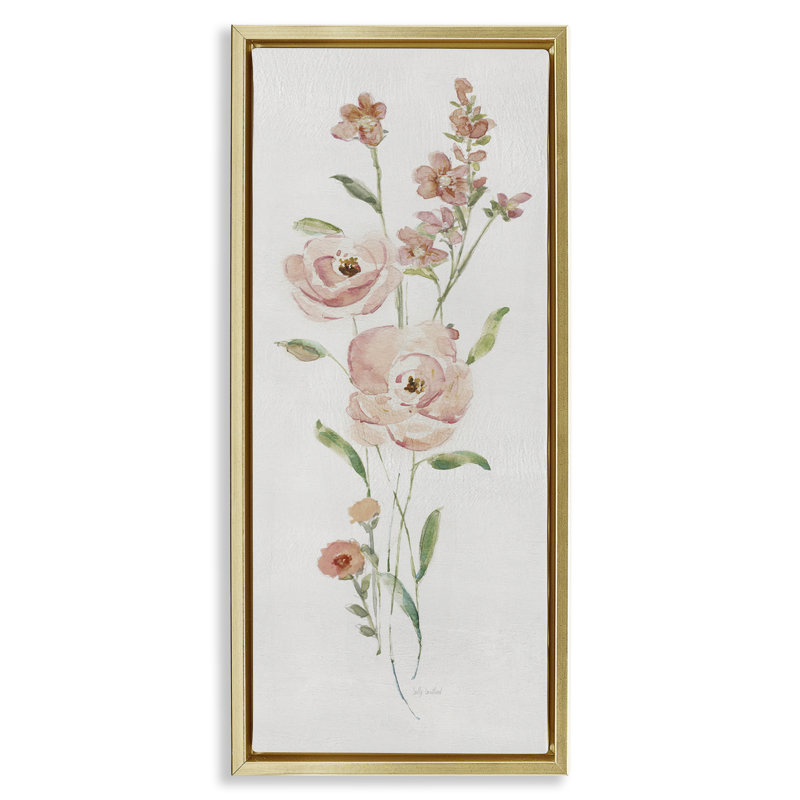 «Pastel Rose Sprigs», art mural encadré par Sally Swatland, Cadre flottant métallique doré, H 25 po x l 11 po
