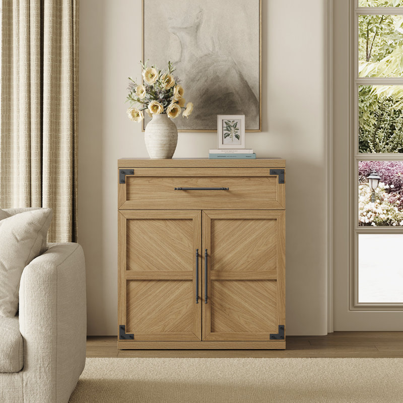 Chevron Accent Cabinet with Drawer & Adjustable Shelf, Oak Brown
