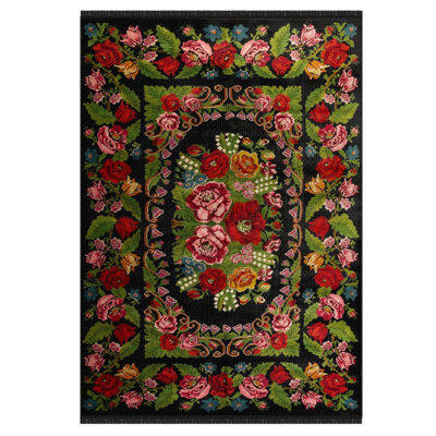 Tapis tissé à la machine à motif floral multicolore Karabag
