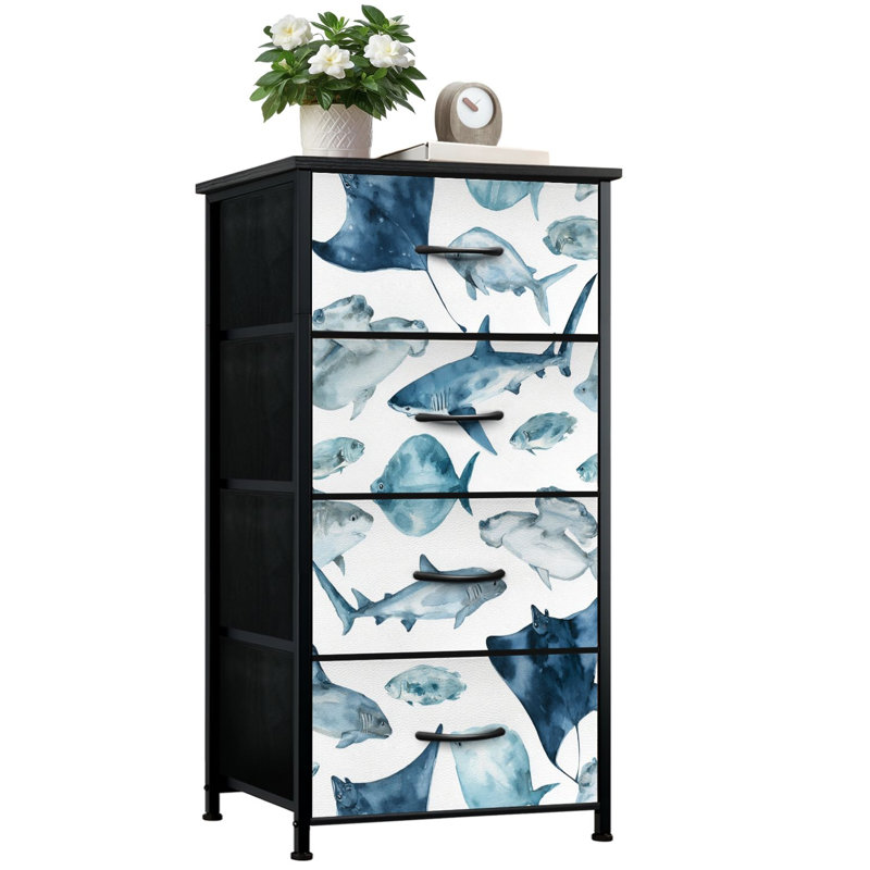 Commode de rangement verticale 4 tiroirs Aquarelle transparente requins mer avec tiroirs en bois