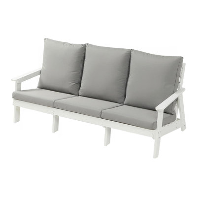 Canapé de jardin 3 places avec coussin, canapé d'extérieur grain de bois, blanc / gris