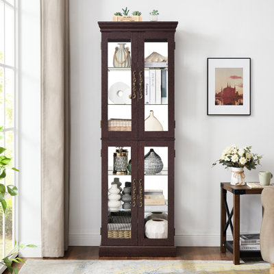 Exquisite Wine Display Cabinet With Illuminated Interior And Movable Partition - Dark Cherry Unit Sophisticated Lighting Quiet Hinge 11.86 In. Wide