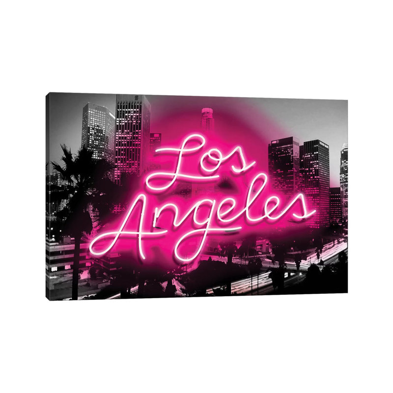 Neon Los Angeles Pink On Black by Hailey Carr - Wrapped Canvas Print, 30.48cm H x 45.72cm W x 1.9cm D