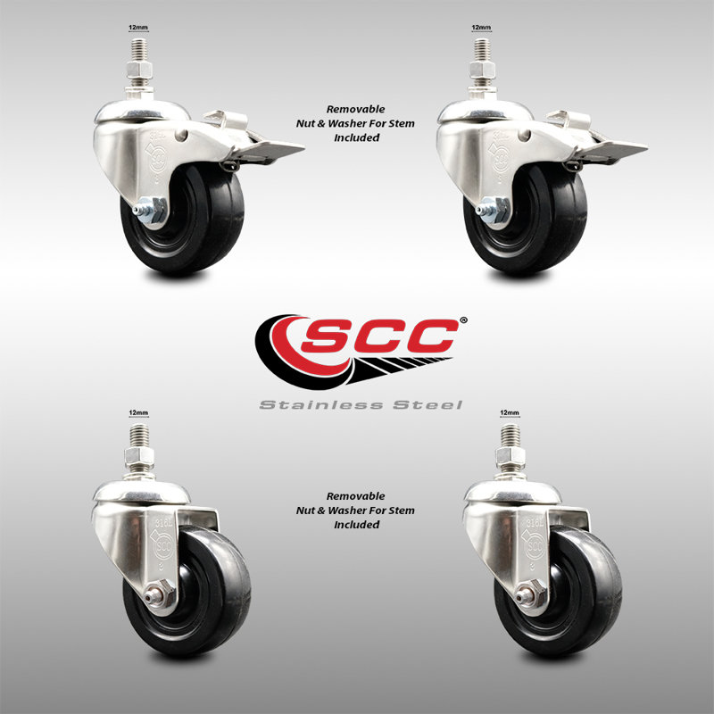 316SS Soft Rubber Swivel Threaded Stem Caster Set 2 Lock Brake