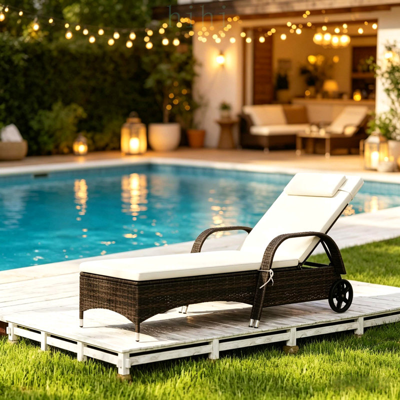 Chaise longue d'extérieur en rotin à dossier réglable, meubles de piscine confortables avec roulettes et coussins épais