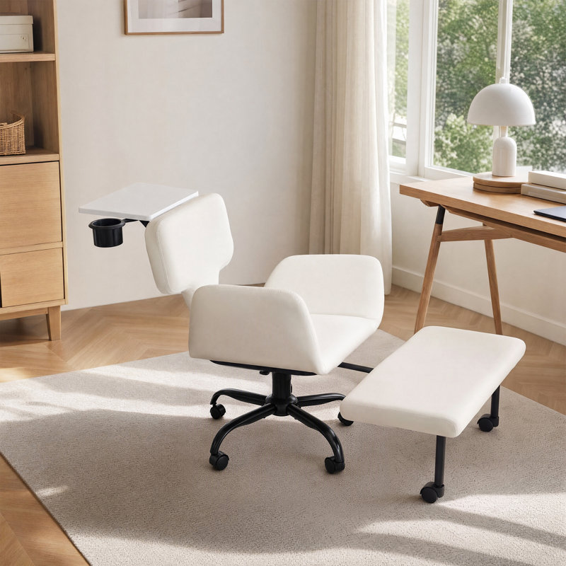 White Swivel Meditation Chair with Footrest, Side Table & Cup Holder - PU Leather Lounge Chair
