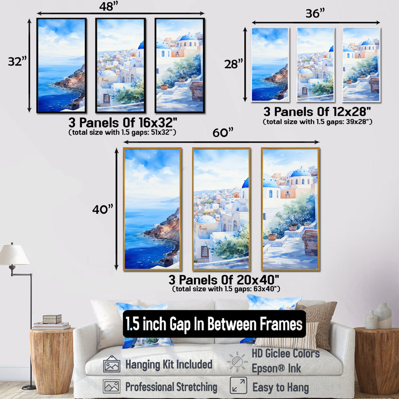 Art mural bleu et blanc Santorini Village II - Grèce, Cadre flottant noir, H 28 po x l 36 po x P 1 po