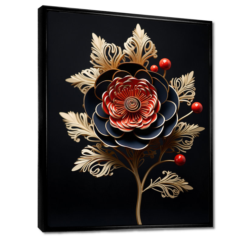 Red Glam Peony Golden Leaves - impression d'art mural pivoine, Cadre flottant noir, bois massif, H 44 po x l 34 po x P 1,5 po