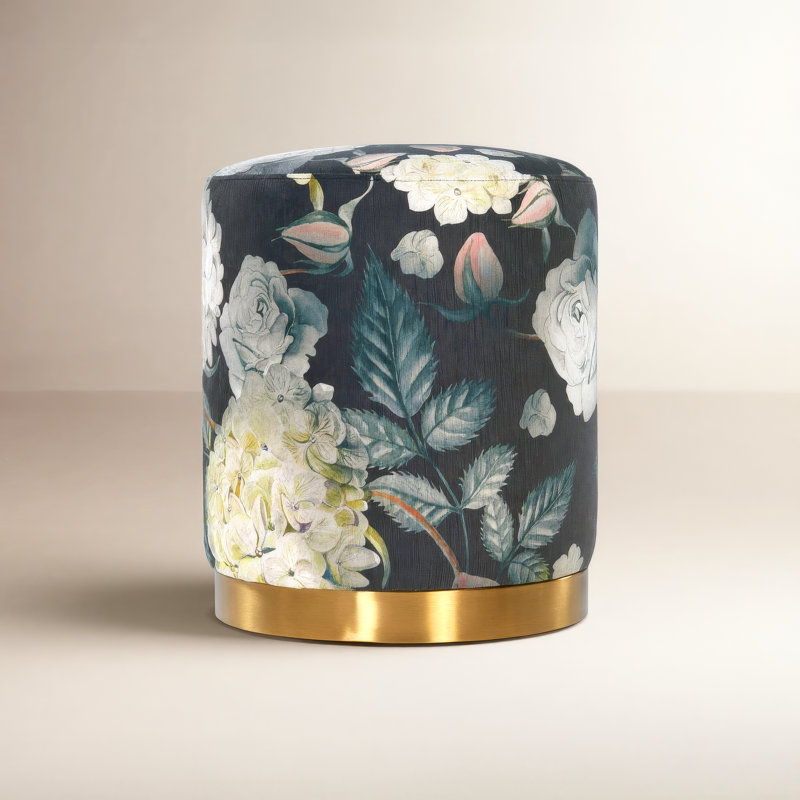Fresno 16" Wide Velvet Round Standard Ottoman, Navy Floral Velvet, Gold