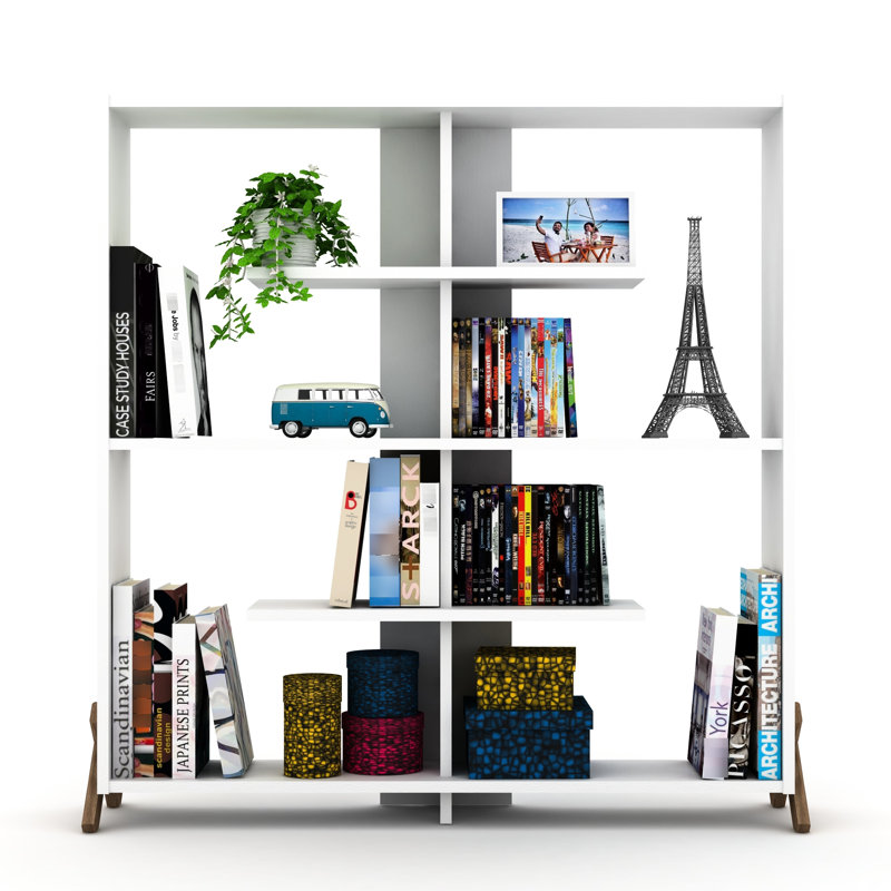 Bibliothèque de bureau industrielle Furnish Home Store - 6 tablettes, noyer / blanc, structure en bois massif, grande tablette de rangement pour livres, espaces modernes et de vie