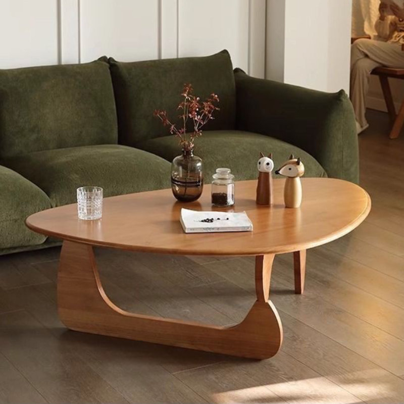  Table basse irrégulière avec plateau en verre et base en bois massif, Cherry