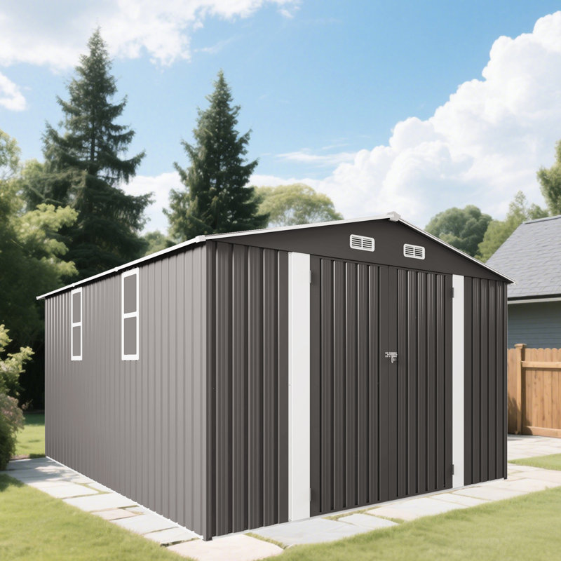 Remise à outils grise en métal pour l'extérieur 10 pi x 12 pi avec double porte et deux fenêtres, pour les bacs à outils de garage dans le patio