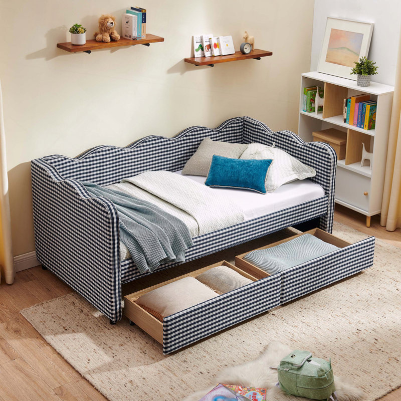 Gingham Daybed Storage Drawers USB Port Wave Shaped, Twin, Navy