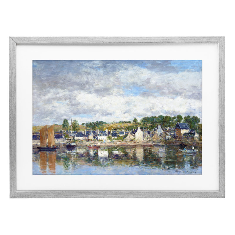 «Village By A River», reproduction sous verre encadrée, conception d'Eugene Boudin, Cadre de ferme gris, H 14 po x l 20 po