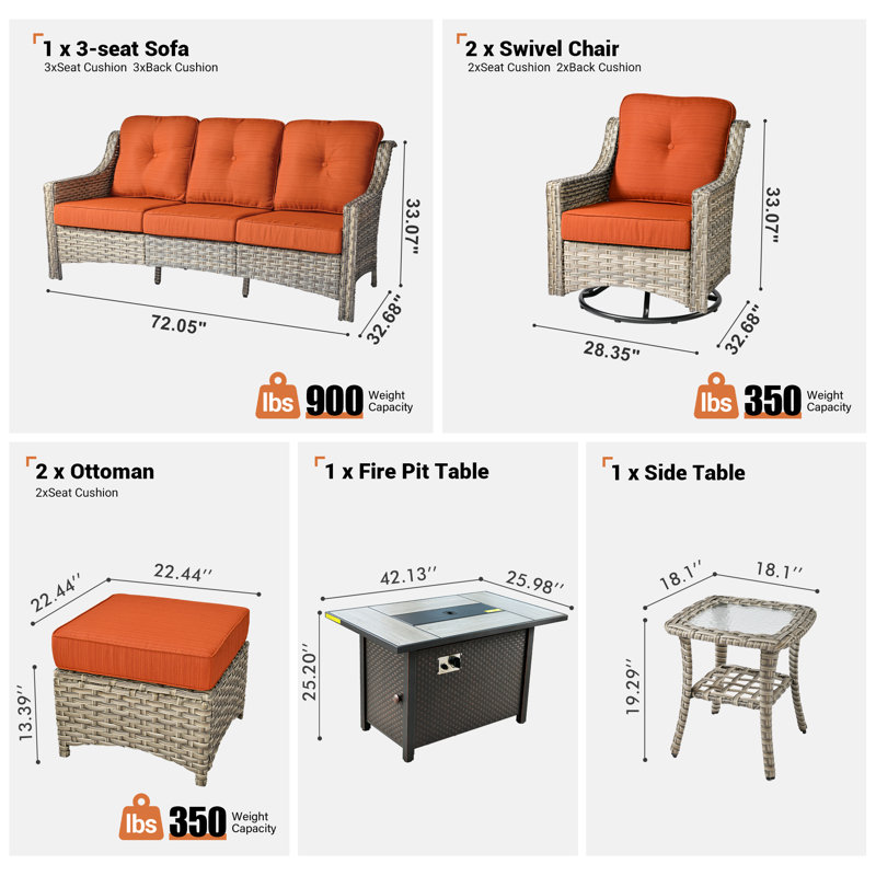 Ensemble d'extérieur en osier pour 5 personnes Emanuell avec chaises pivotantes et coussins inclus, Orange-rouge