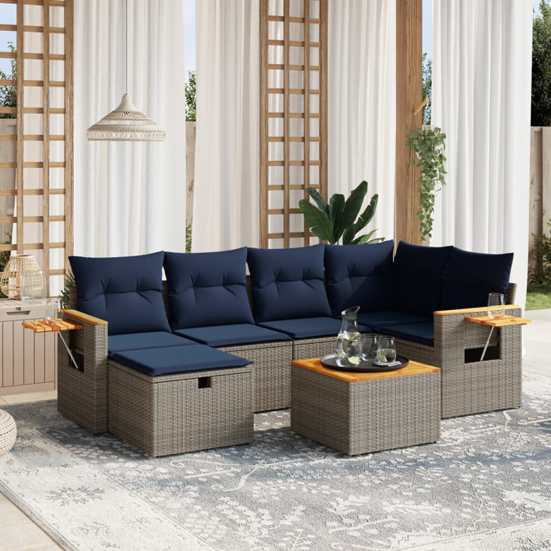 Ensemble de canapé de patio 7 pièces avec coussins en rotin de polyester gris, Gris, Marine