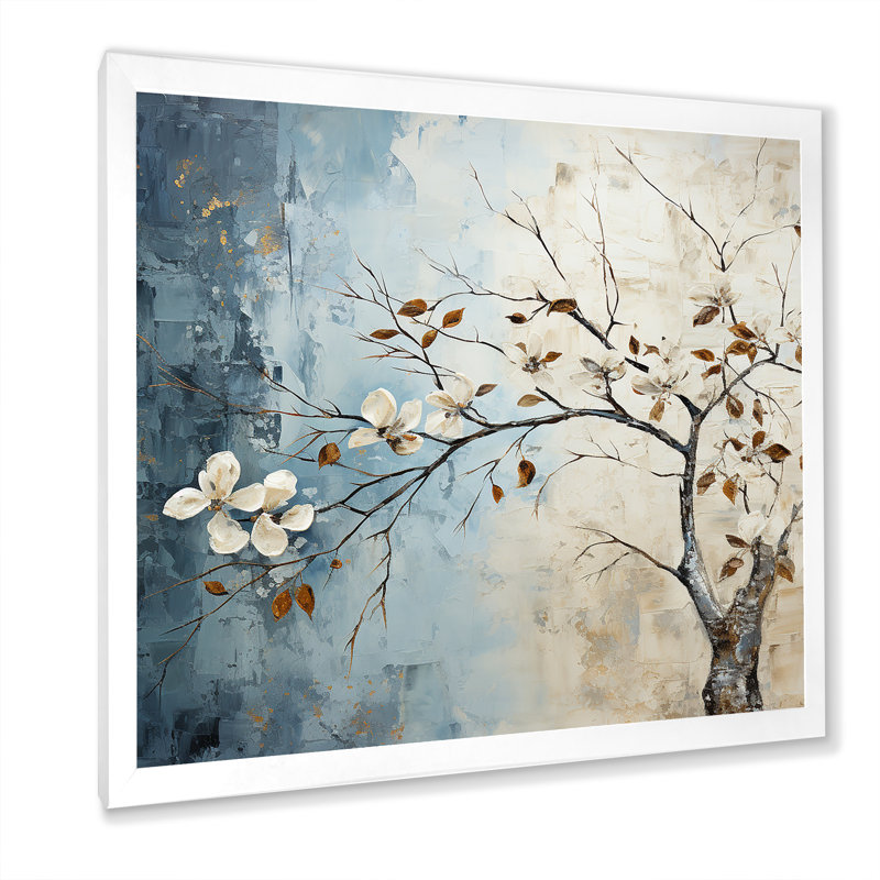 Feuille et fleur en hiver, Cadre simple blanc, H 30 po x l 30 po x P 1 po