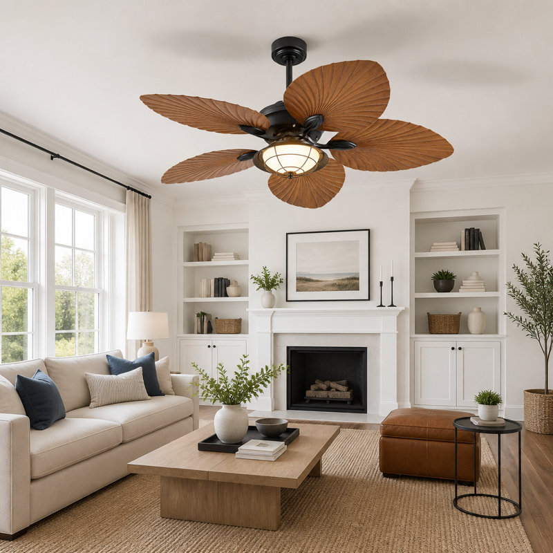 Ventilateur de plafond 5 pales 52 "à feuilles tropicales avec lumières DEL, Marron foncé