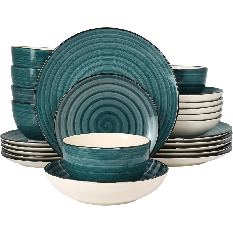 Service de table en grès 24 pièces, assiettes et bols ronds peints à la main, Vert foncé