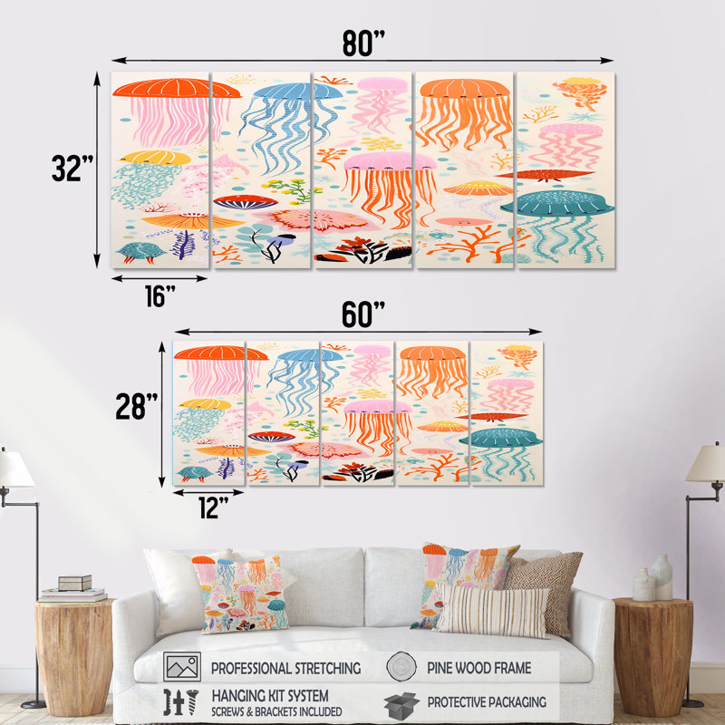 Adorable méduse rétro, ensemble 5 pièces de décoration murale méduse, H 28 po x l 60 po