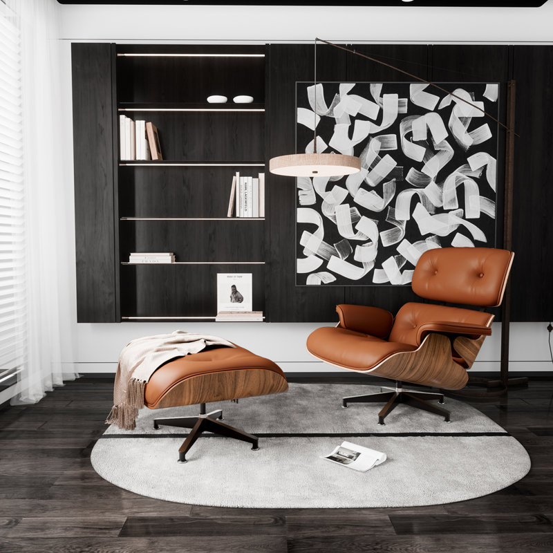 Chaise longue et repose-pieds en cuir véritable de qualité supérieure, brown Genuine Leather, Noyer