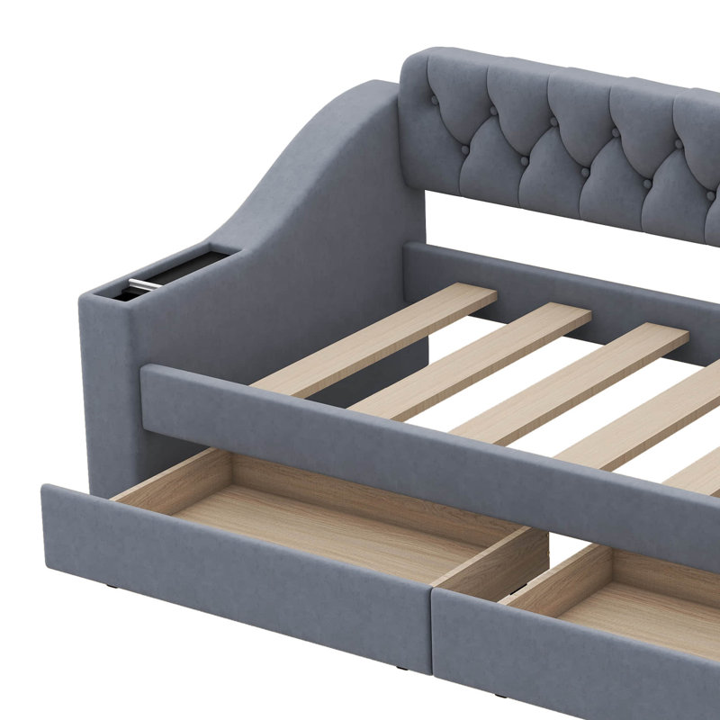 Jashan Twin Size Upholstered Daybed with Storage Armrests and USB Port, Grey