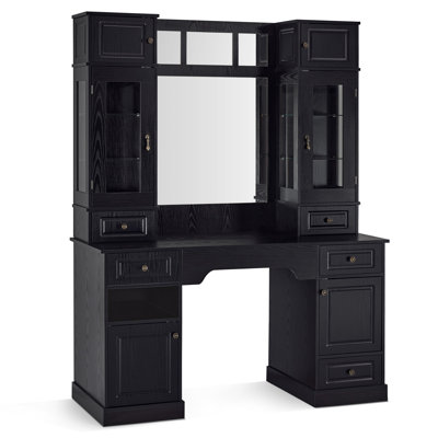 Station de rangement murale avec miroir, poste de travail multi-rangement avec tiroirs et armoires en verre