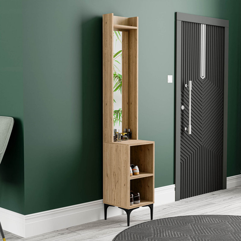 Élégant support de couloir avec miroir, finition chêne, 27,6 po x 77,2 po x 13,8 po | Panneau de particules 100% mélaminé | Support mural polyvalent avec plusieurs tablettes, mural, idéal pour le vestibule et le rangement supplémentaire