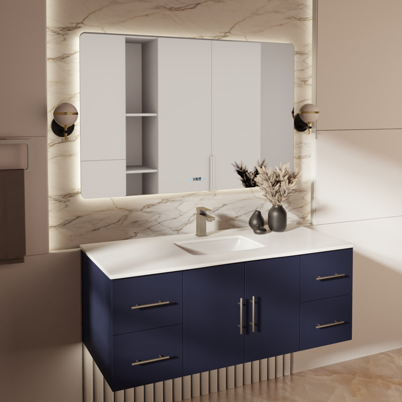 Geneva 48" Wall-Mounted Single Bathroom Vanity Set, Navy Blue, White Cultured Marble