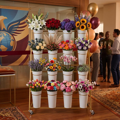 Flower Display Stand with 16 Buckets,Flower Cart with Wheels | 3 Tier Metal Flower Bar Stand Moving Florist Bouquet Shelf for Weddings Party Indoor
