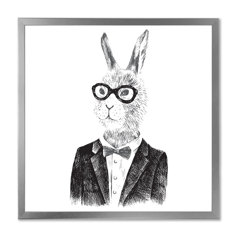 Dressed Up Bunny Boy In Hipster Style - peinture sur toile, H 17,5 po x l 17,5 po x P 1 po, Cadre argenté