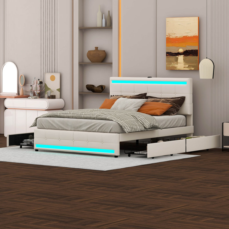 Lit avec panneau de rangement Roylan, Double, Beige