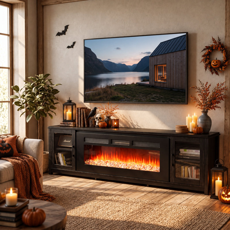 80" TV Stand for TVs up to 90" with Electric Fireplace Included, Black