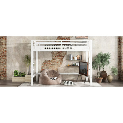 Lit mezzanine simple en métal blanc avec échelles doubles, structure stable pour dormir en toute sécurité et fonction de rangement en blanc, double accès structurellement fiable