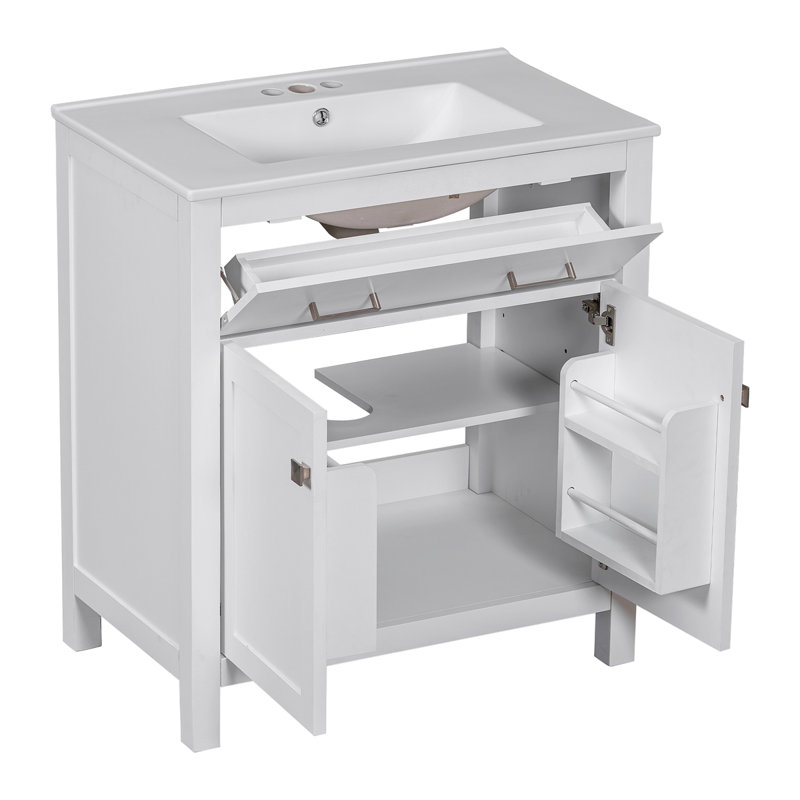 Meuble-lavabo simple avec lavabo en céramique, Blanc, Chrome
