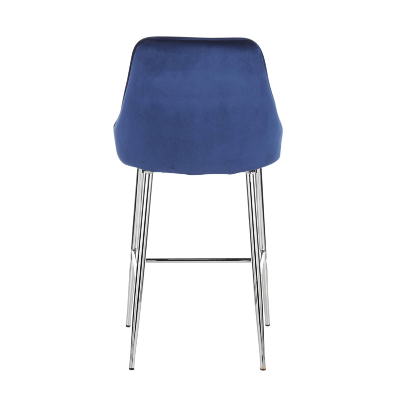 Navy Blue Velvet and Chrome Modern Counter Stools, Set of 2