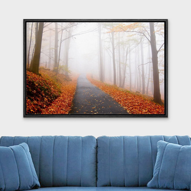Automne, automne, brouillard, automne, chemin forestier avec feuilles orange sur toile, Cadre noir