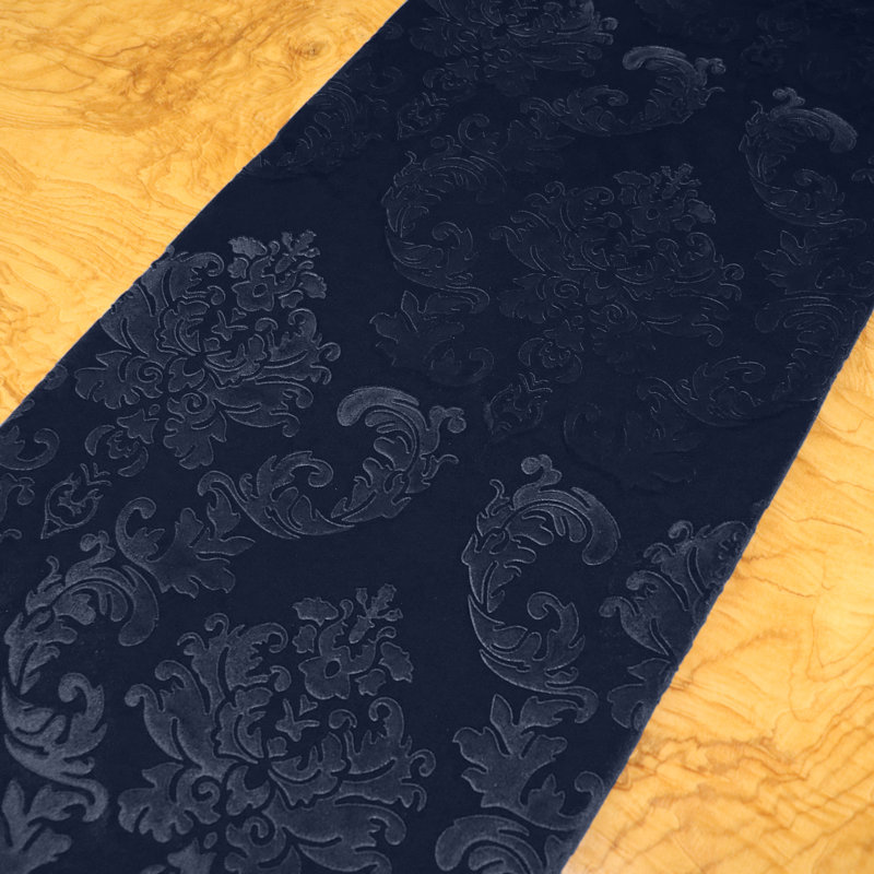 Velvet Damask Table Runner, 120" x 12", Navy