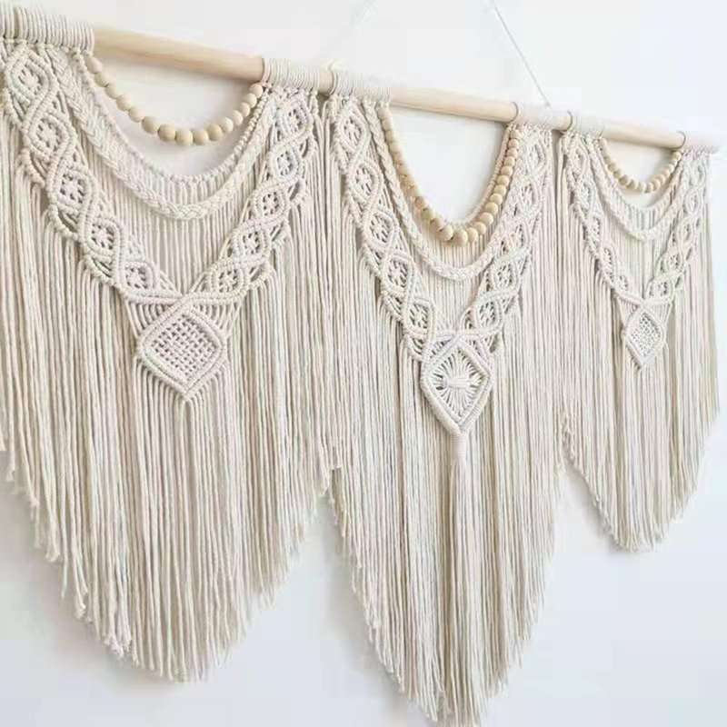 Grande tenture murale en macramé - Tapisserie bohème en macramé, perles de bois