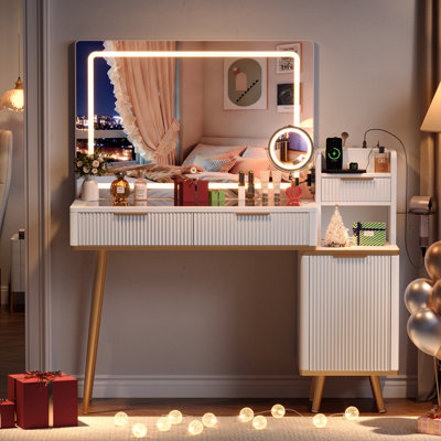 Halence Makeup Vanity Desk with 5x Magnifying Mirror & 3-color LED Light, Adjustable Shelves & Usb Charging & Hair Dryer Holder