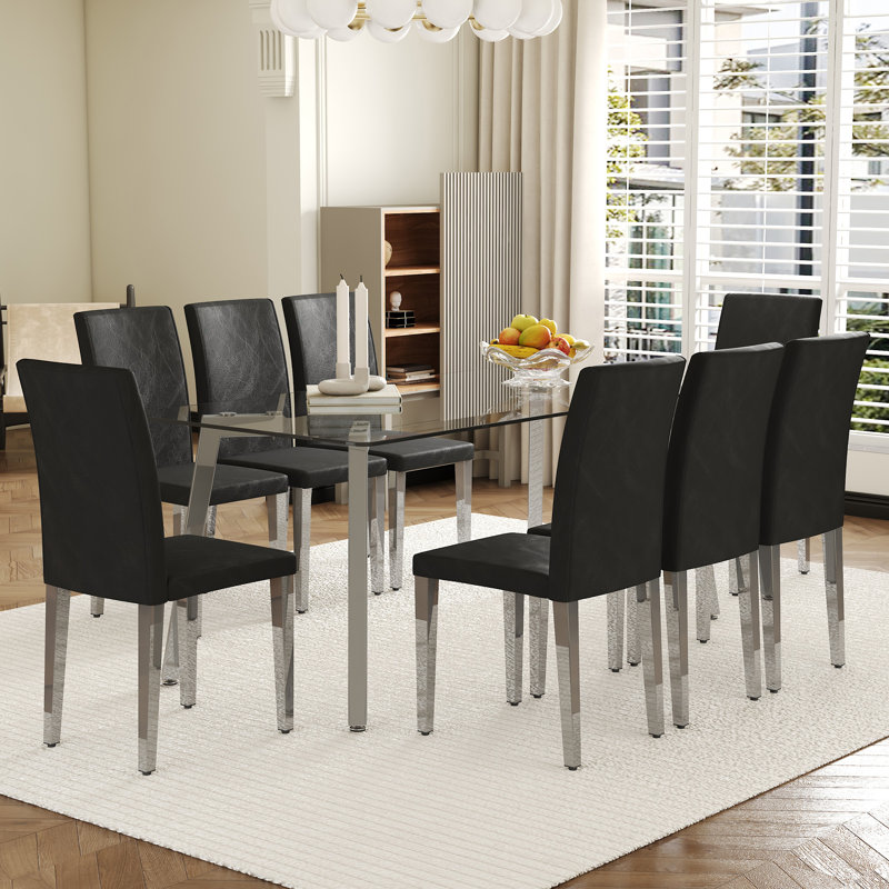 Ensemble de table et de chaises Table de salle à manger rectangulaire 71,45 po. Plateau de table en verre trempé